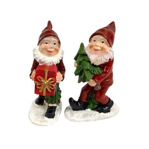 Set of 2 Christmas Gnome Figurines – Holiday Elves with Present & Tree